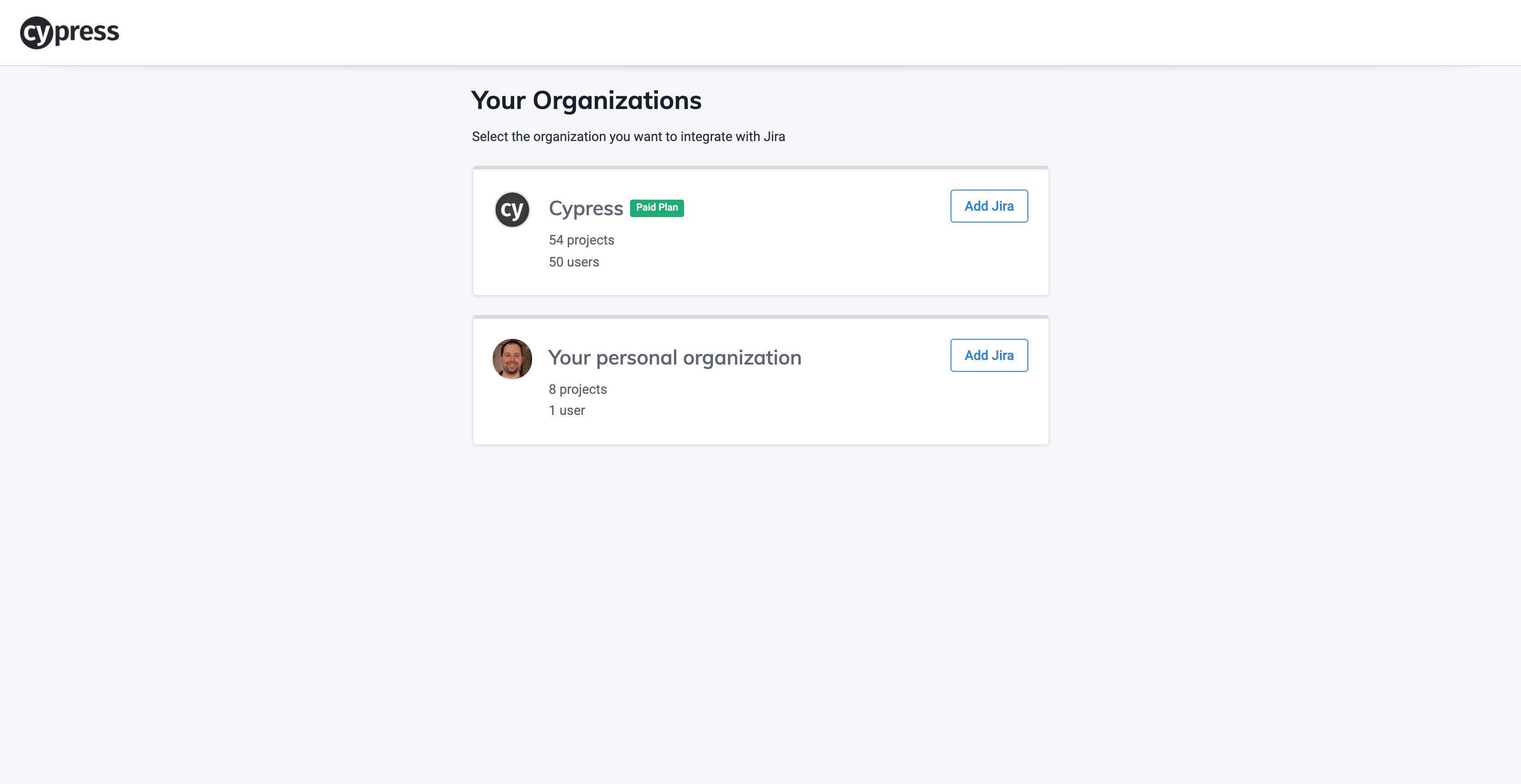 Cypress Cloud Select Organization for Jira Integration